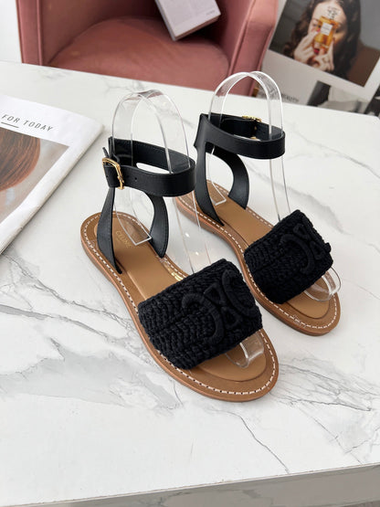 Sandália Couro e Algodão Macramé Bege Tira Frontal