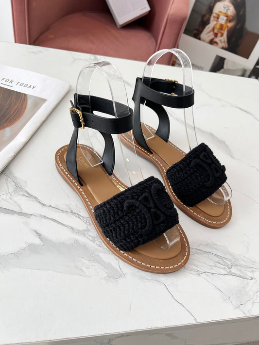 Sandália Couro e Algodão Macramé Bege Tira Frontal