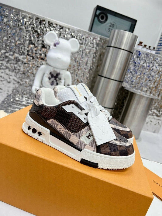 Tênis Couro Padrão Quadriculado Marrom Multicolorido