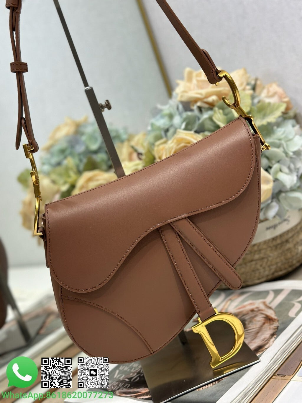 Bolsa Saddle Lona Padrão Inclinado Bege