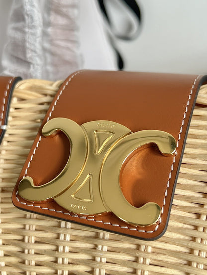 Bolsa Cesta Palha e Couro Natural Alças Marrom