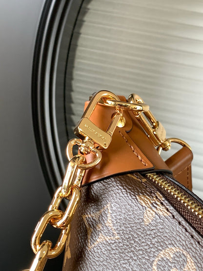 Bolsa Hobo Couro Padrão Monograma Geométrico Marrom