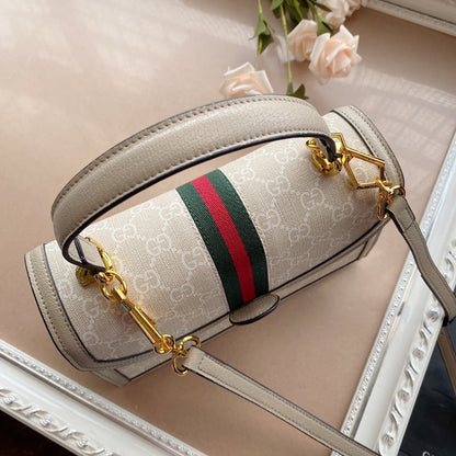 Bolsa Satchel Couro Alça Superior Padrão Listra Verde e Vermelha Pequena