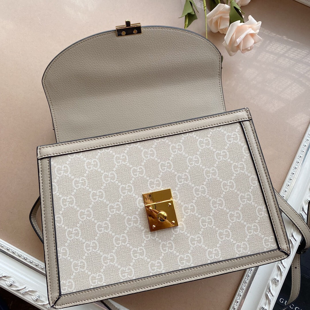 Bolsa Satchel Couro Alça Superior Padrão Listra Verde e Vermelha Pequena