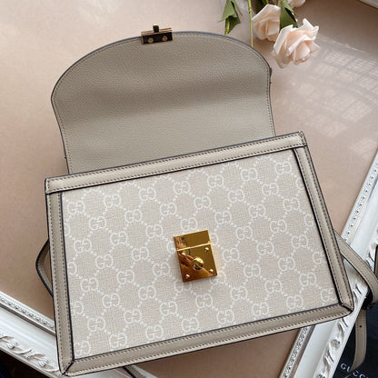 Bolsa Satchel Couro Alça Superior Padrão Listra Verde e Vermelha Pequena