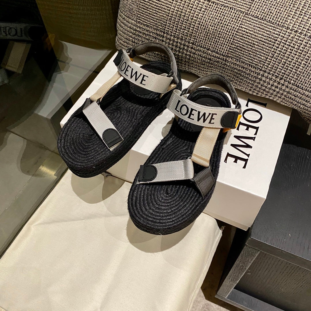 Sandália Espadrilhe Nylon Preto e Bege Tiras Ajustáveis