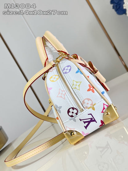 Bolsa Satchel Couro Padrão Monograma Geométrico Marrom Média