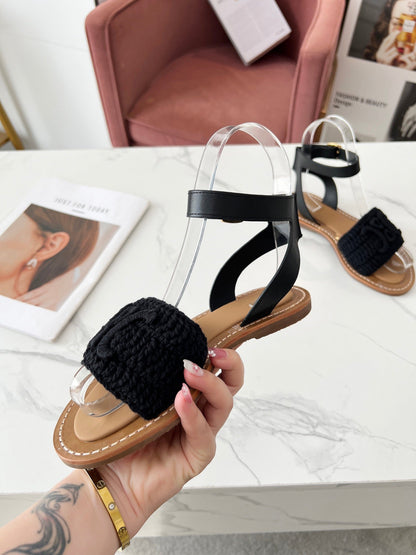 Sandália Couro e Algodão Macramé Bege Tira Frontal