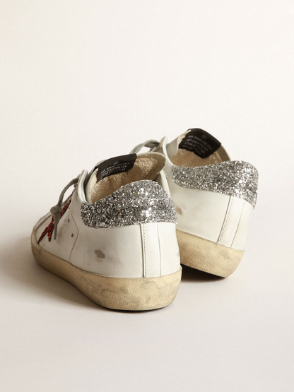 Tênis Couro Branco Estrela Glitter Vermelho