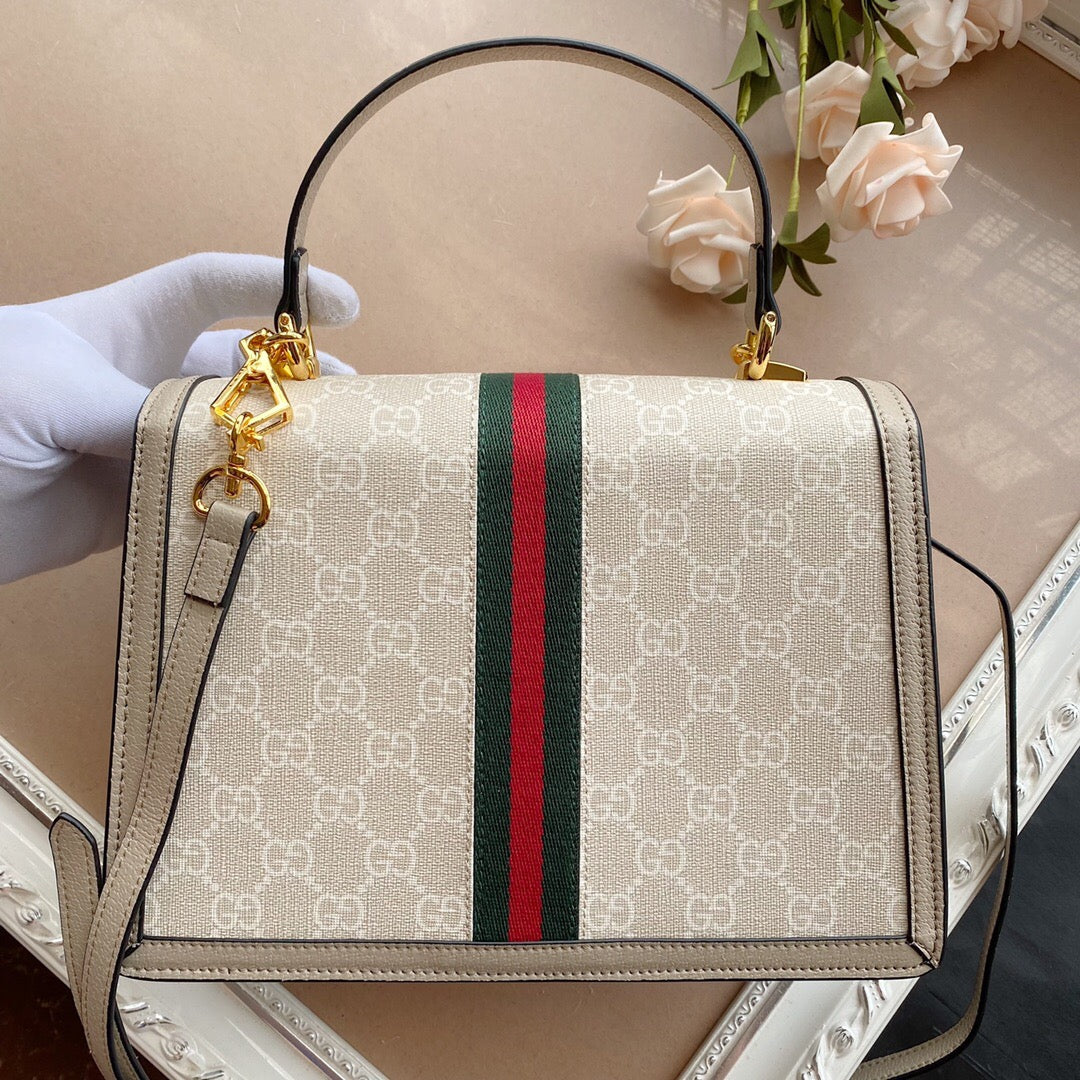 Bolsa Satchel Couro Alça Superior Padrão Listra Verde e Vermelha Pequena