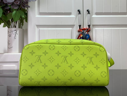 Necessaire Couro Padrão Monograma Geométrico Amarelo Neon
