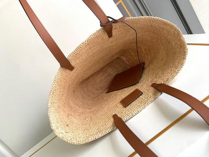 Bolsa Cesto Médio Palha Natural Alças Couro