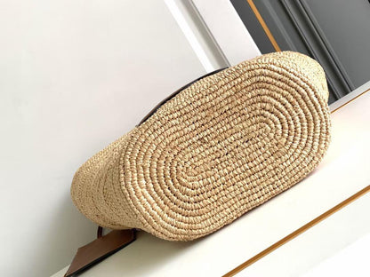 Bolsa Cesto Médio Palha Natural Alças Couro