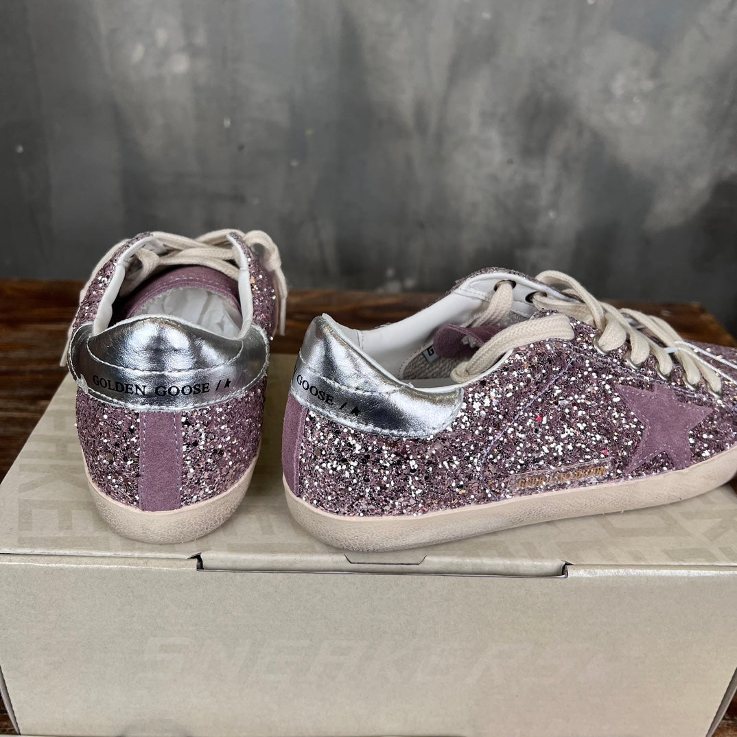 Tênis Couro Branco Glitter Rosa Detalhes Dourados