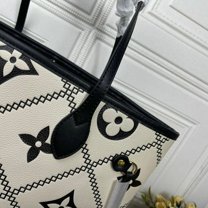 Bolsa Tote Couro Padrão Monograma Geométrico Bordado