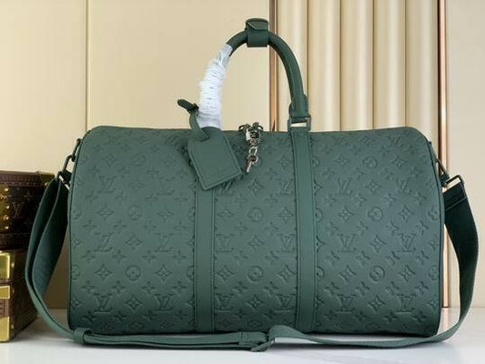 Bolsa de Viagem Couro Padrão Monograma Geométrico Marrom 50cm