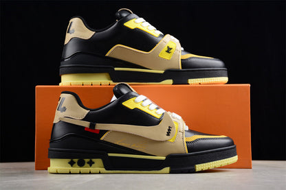 Tênis Casual Couro Branco Preto Amarelo