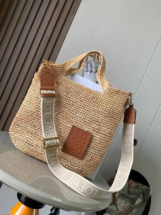 Bolsa Mini Palha Natural e Couro com Abertura Lateral