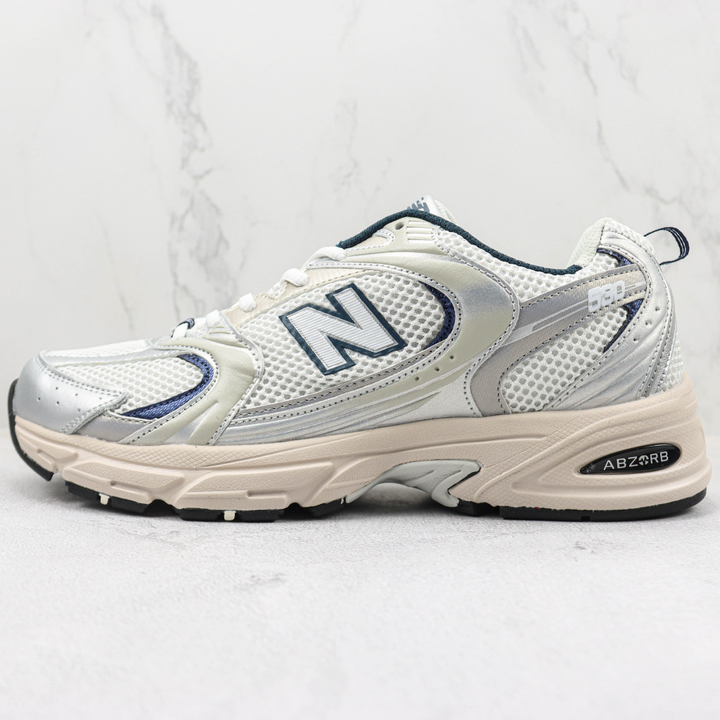 Tênis Runner Malha Branco Prata e Azul Marinho
