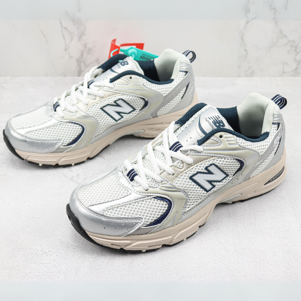 Tênis Runner Malha Branco Prata e Azul Marinho