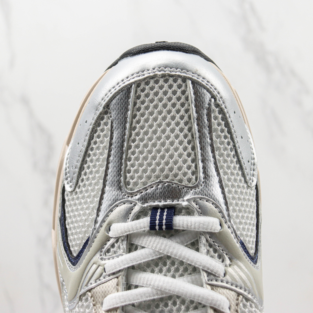 Tênis Runner Malha Branco Prata e Azul Marinho
