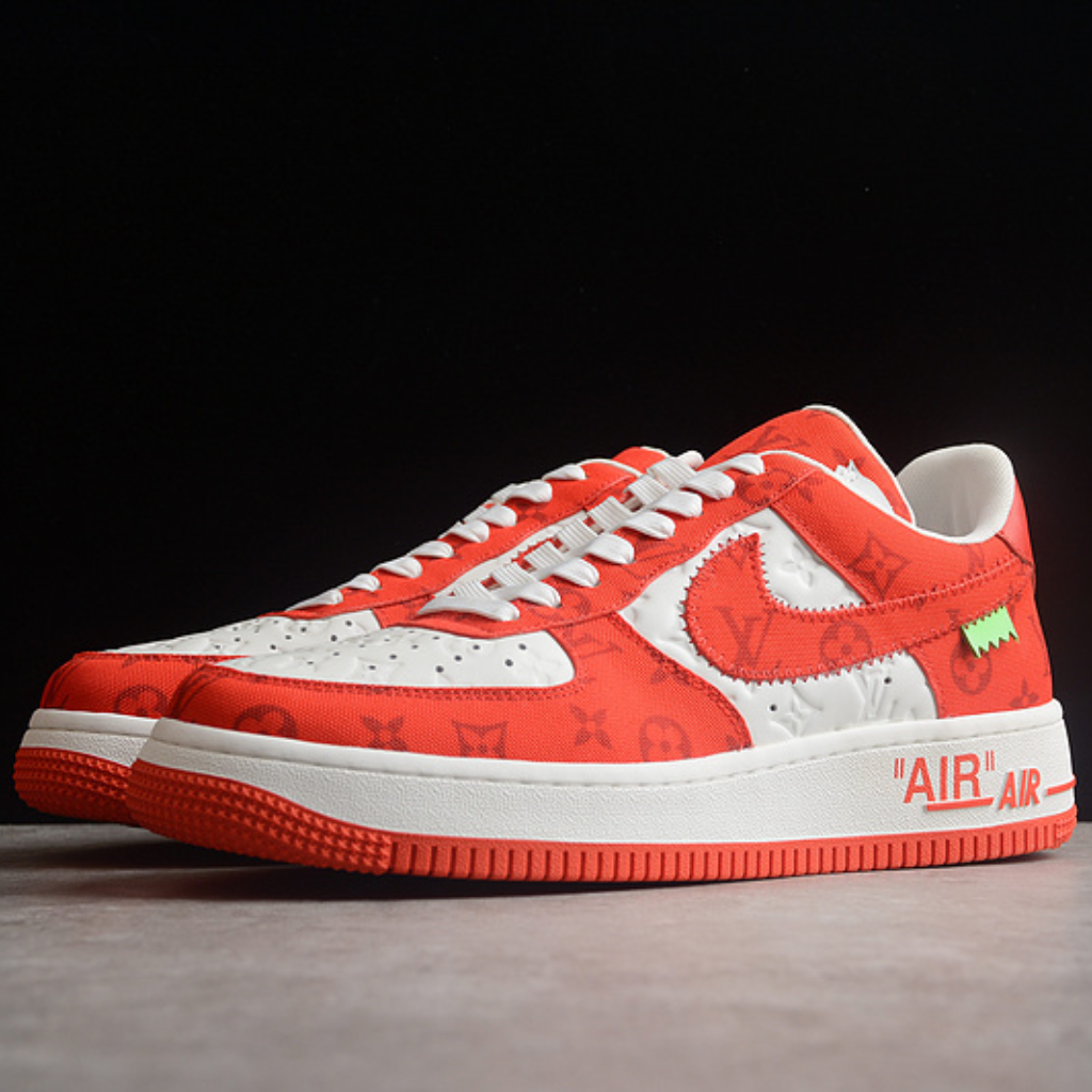 Tênis Couro Cano Baixo Vermelho Padrão Monograma Geométrico