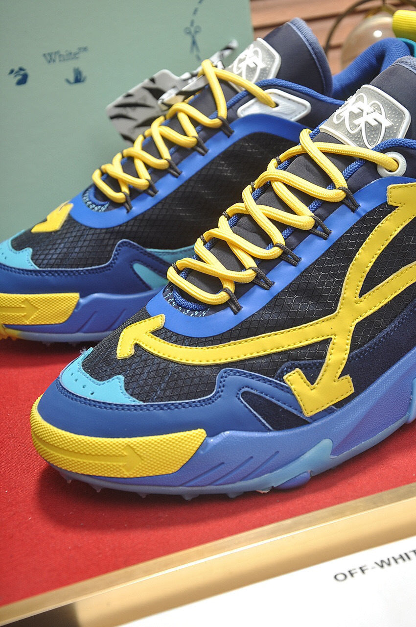 Tênis Runner Couro Azul Amarelo Detalhe Transversal