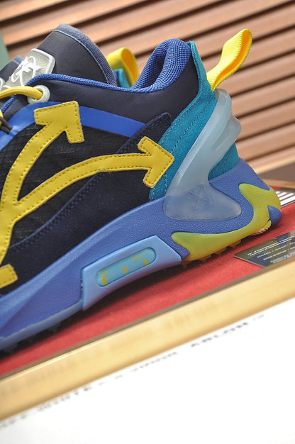 Tênis Runner Couro Azul Amarelo Detalhe Transversal
