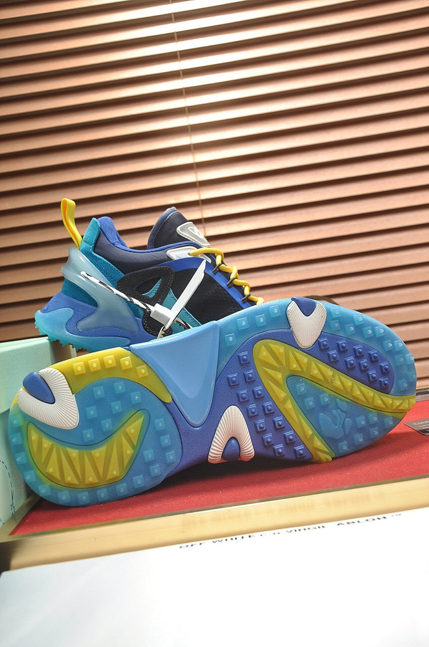 Tênis Runner Couro Azul Amarelo Detalhe Transversal