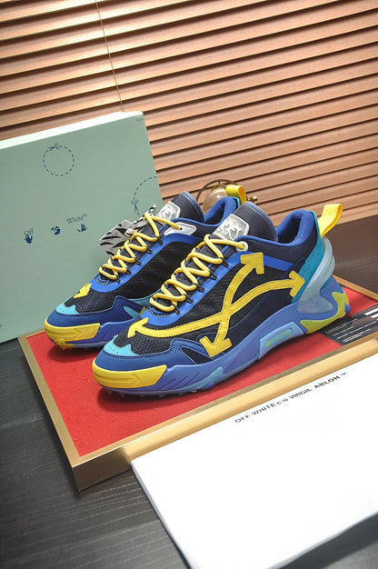Tênis Runner Couro Azul Amarelo Detalhe Transversal