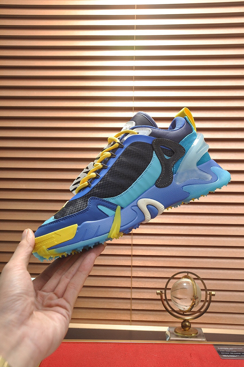 Tênis Runner Couro Azul Amarelo Detalhe Transversal
