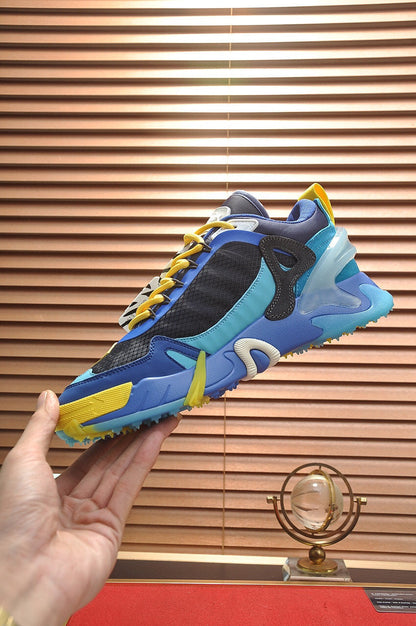 Tênis Runner Couro Azul Amarelo Detalhe Transversal