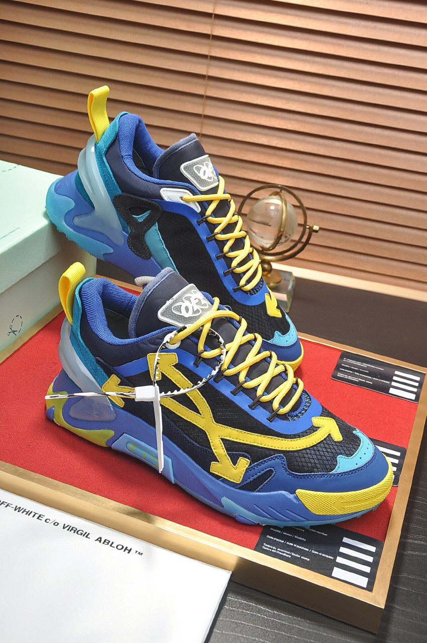 Tênis Runner Couro Azul Amarelo Detalhe Transversal