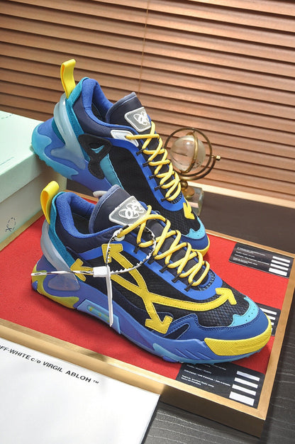 Tênis Runner Couro Azul Amarelo Detalhe Transversal