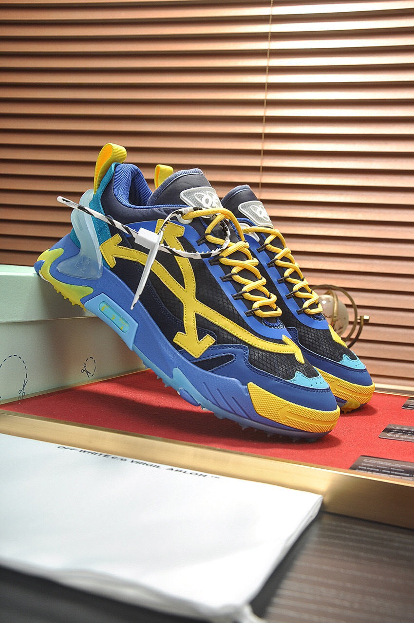 Tênis Runner Couro Azul Amarelo Detalhe Transversal