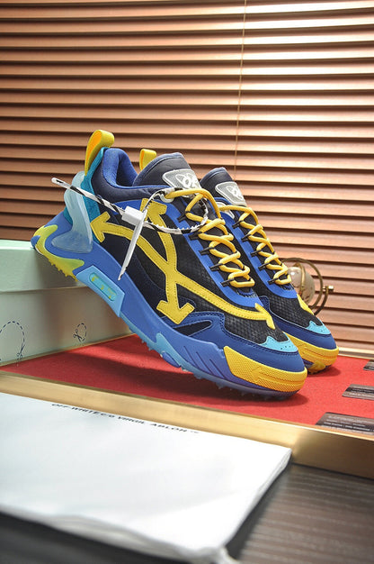 Tênis Runner Couro Azul Amarelo Detalhe Transversal