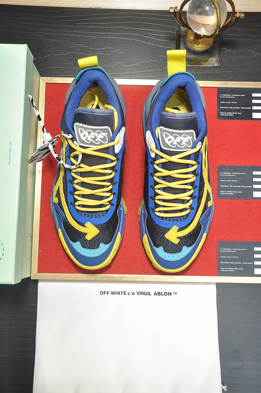 Tênis Runner Couro Azul Amarelo Detalhe Transversal