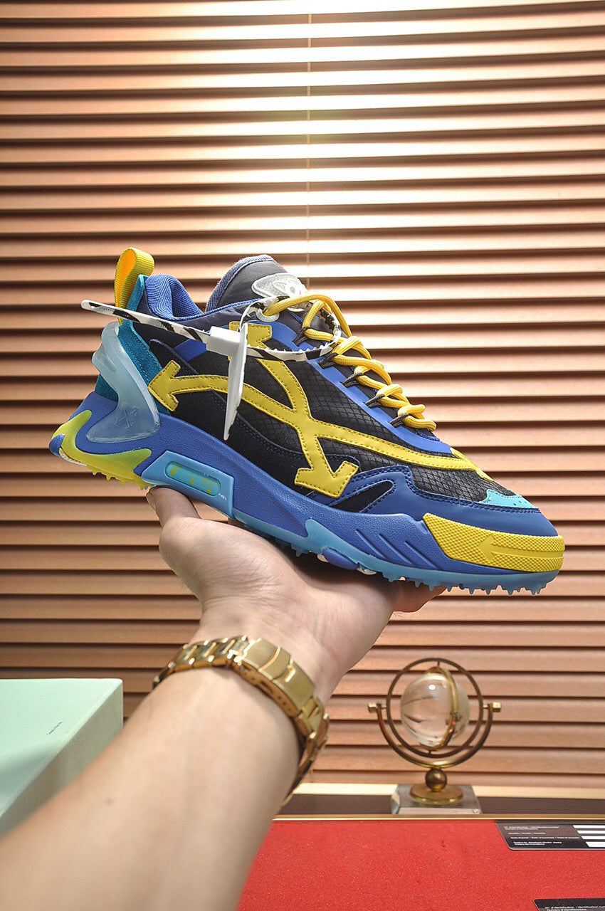 Tênis Runner Couro Azul Amarelo Detalhe Transversal